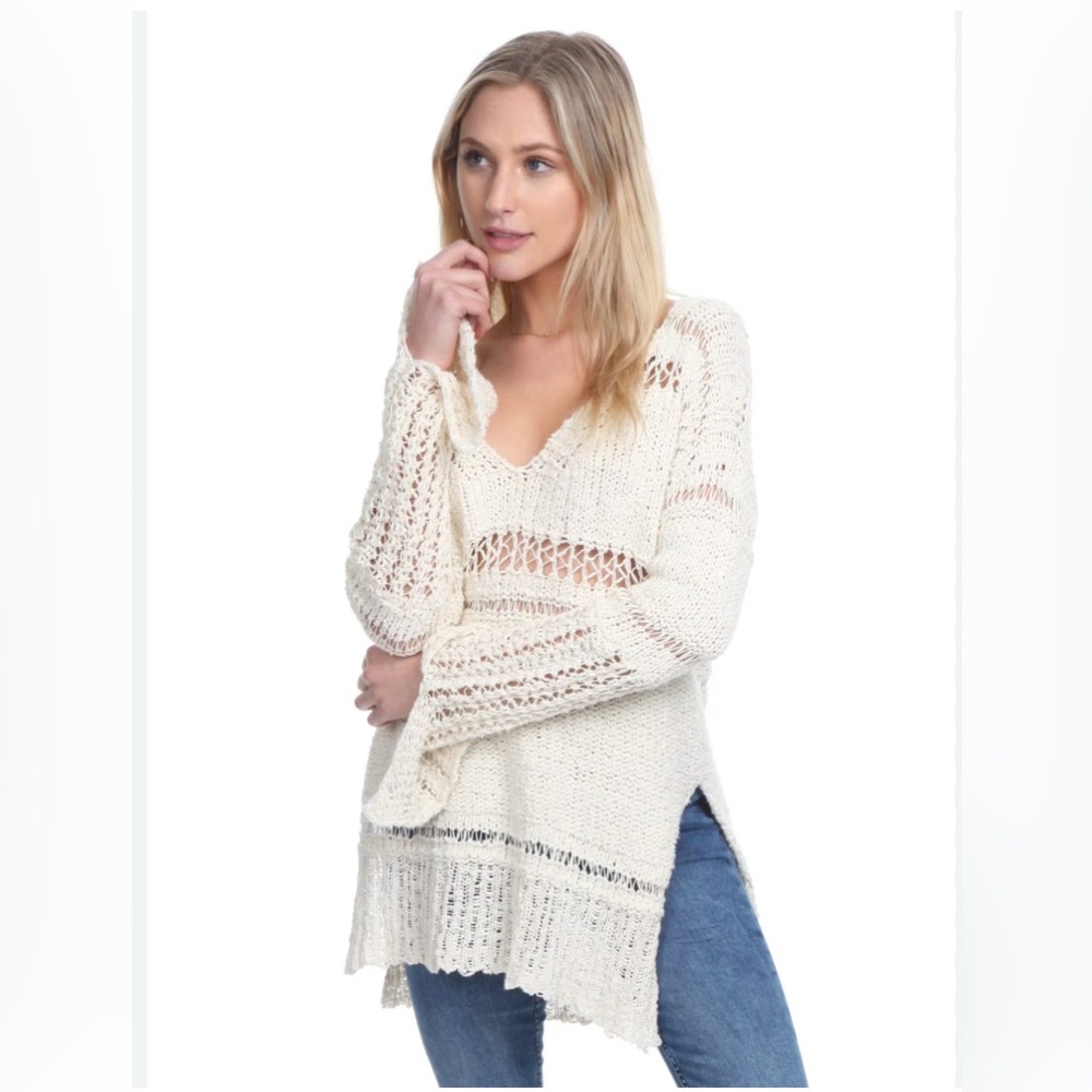 Free People Belong to You Crochet Cream V-Neck Sweater - Picture 2 of 2